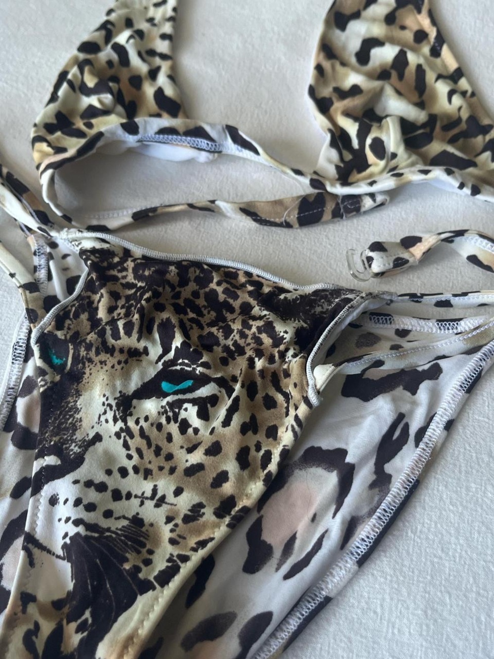 La Perla Leopard-Print Bikini in Beige, Black and Teal Accent